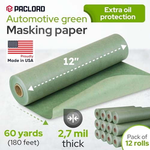 Image of 12 inch x 60 Yards (180 feet) Green Masking Paper with Extra Oil Protection for Automotive Painting Industries (Pack of 12) - Made in USA Masking Paper for Painting Cars, Protection from Splatter