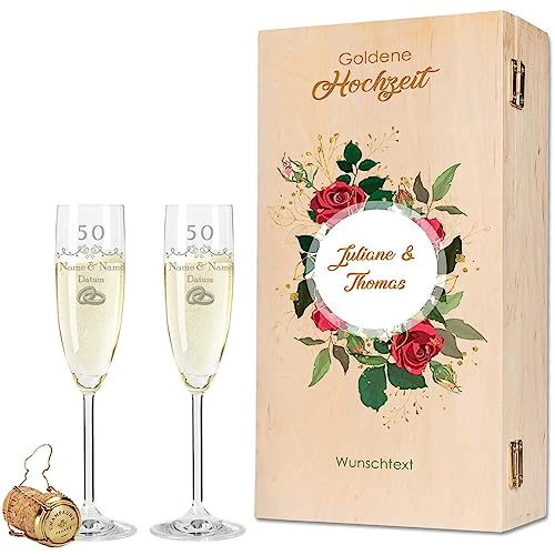 Leonardo - Bicchieri da spumante con incisione – nozze d'oro 50 anni – Personalizzati con nome e data, con scatola di legno, regalo per matrimonio, fidanzamento, anniversario, colore: spumante