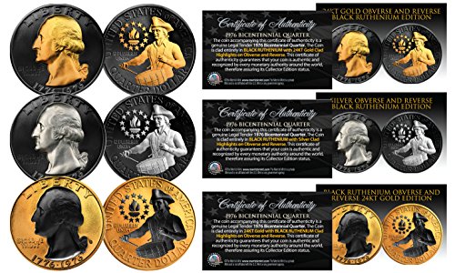 1976 Genuine Bicentennial Quarters 2-Sided Black Ruthenium Set of 3 All Versions