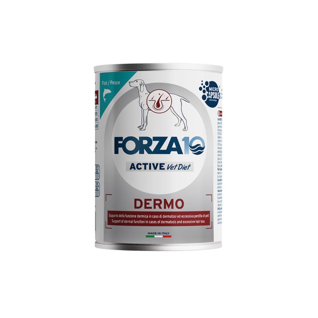 Forza 10 Umido Cane DERMO, alimento completo dietetico per cani adulti di tutte le taglie e razze ipoallergenico gusto PESCE, dermatologico, for dogs | 6 scatolette da 390 grammi l'una.