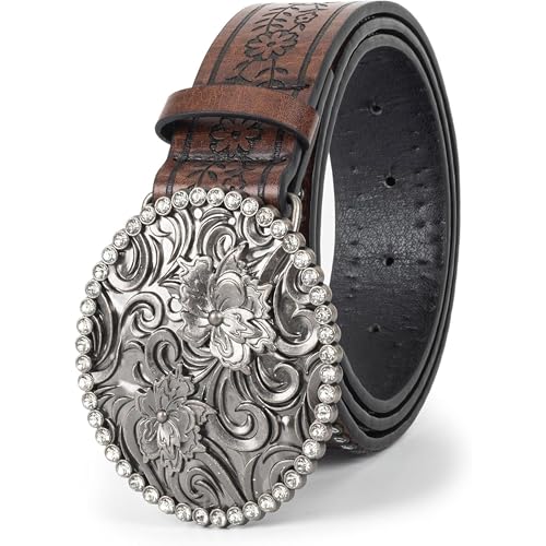 Image of Mawjom Western Cowboy PU Leather Belt - Men Waist Strap Bull Decoration Floral Engraved for Jeans 25 inch to 38 inch Waist