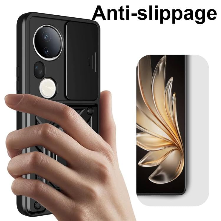 Image of SPAZY CASE Vivo T4 Ultra Back Cover | Heavy Duty Hybrid Case with 360 Degree Rotating Finger Ring Holder + Slider Shutter Camera Protection Case for Vivo T4 Ultra - Black
