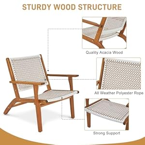 Outvita Natural Stain Outdoor Chair Mid Century Modern Accent Armchair Reading Lounge Chair with Ecru Handwoven Rope and Solid Acacia Wood Frame for Bedroom Patio Balcony Indoor