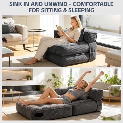Image of Folding Sofa Bed Chair with Armrests, Convertible Futon Couch Sleeper Chair for Adults, Fold Out Boneless Chair Bed, Foldable Sofa Lounge for Small Spaces, with Pillow, Dark Grey