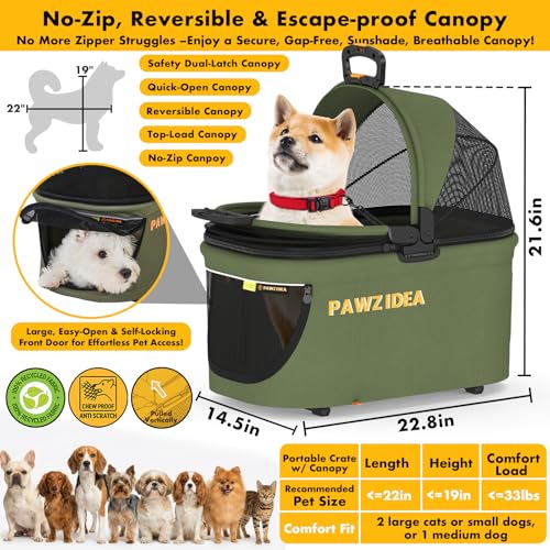 PAWZIDEA Pet Stroller 4 in 1, Foldable Cat Stroller with Detachable Carrier for Small Medium Dogs & Cats, Escape-Proof No-Zip Canopy, Lightweight Portable Travel Crate & Car Seat Combo, Storage Basket - Image 4