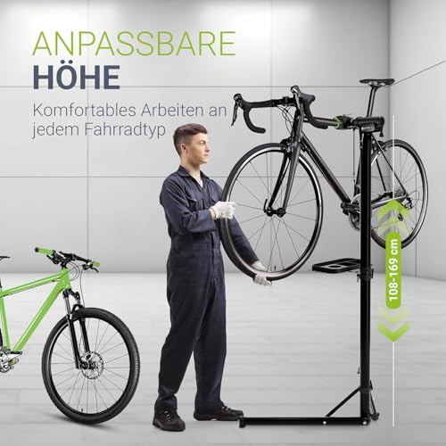 Juskys Fahrrad Reparaturständer, bis 50 kg für E-Bike, klappbar & höhenverstellbar, Klemmkopf 360° drehbar, Gummibeschichtung & Werkzeugablage, Schwerlast Fahrradständer für 24 bis 29 Zoll Fährräder