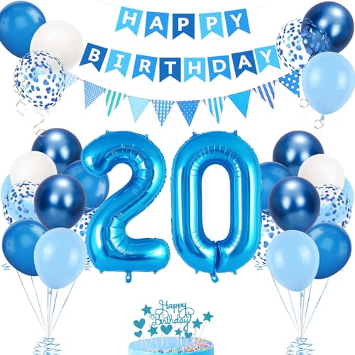 Decoração de aniversário 20 anos azul para homem e mulher - balões e acessórios para festa