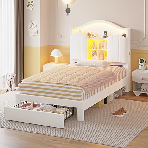 HAUOMS Twin Bed Frame with Drawer & LED Lights, Princess