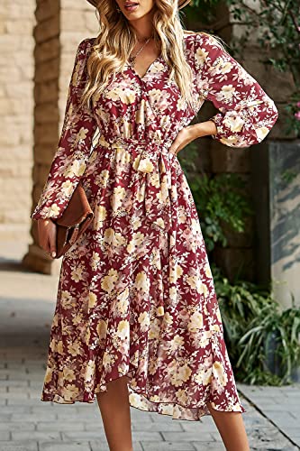 Image of PRETTYGARDEN Women's Floral Boho Dress Fall Long Sleeve Wrap V Neck Ruffle Flowy Maxi Spring Wedding Guest Vacation Dresses