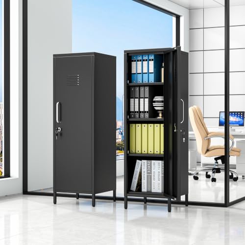 Image of pozdeg 47.24 inch Black Lockable Small Metal Storage Locker | Employees Locker 1 Door & 3 Adjustable Shelves, Steel Cabinet for Employees, Home, School, Office & Gym