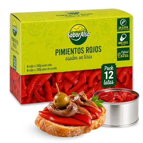 Pimiento rojo asado en tiras, Pimientos en tiras en lata, ingrediente estrella de la dieta mediterránea, Peso Neto por lata 80 gr, Peso escurrido 60 gr, Pack de 12 latas de 80 gr