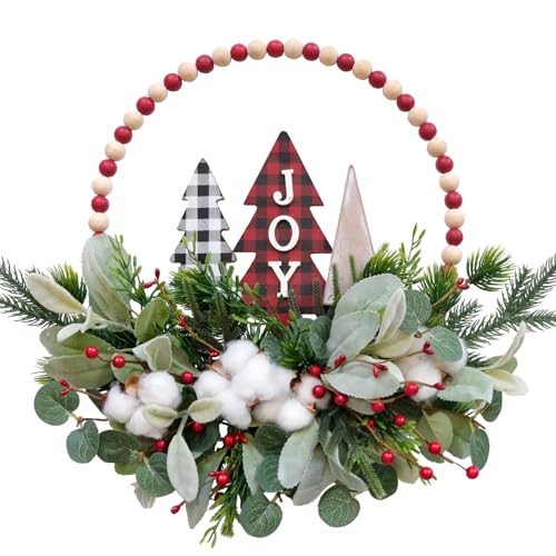 TEMPUS 16” Welcome Wreaths for Front Door Wooden Beads Christmas Decoration Wreath with Lamb's Leaves Pine Needles Cotton Farmhouse Welcome Sign for Walls, Farmhouses, Holiday Party Decorations