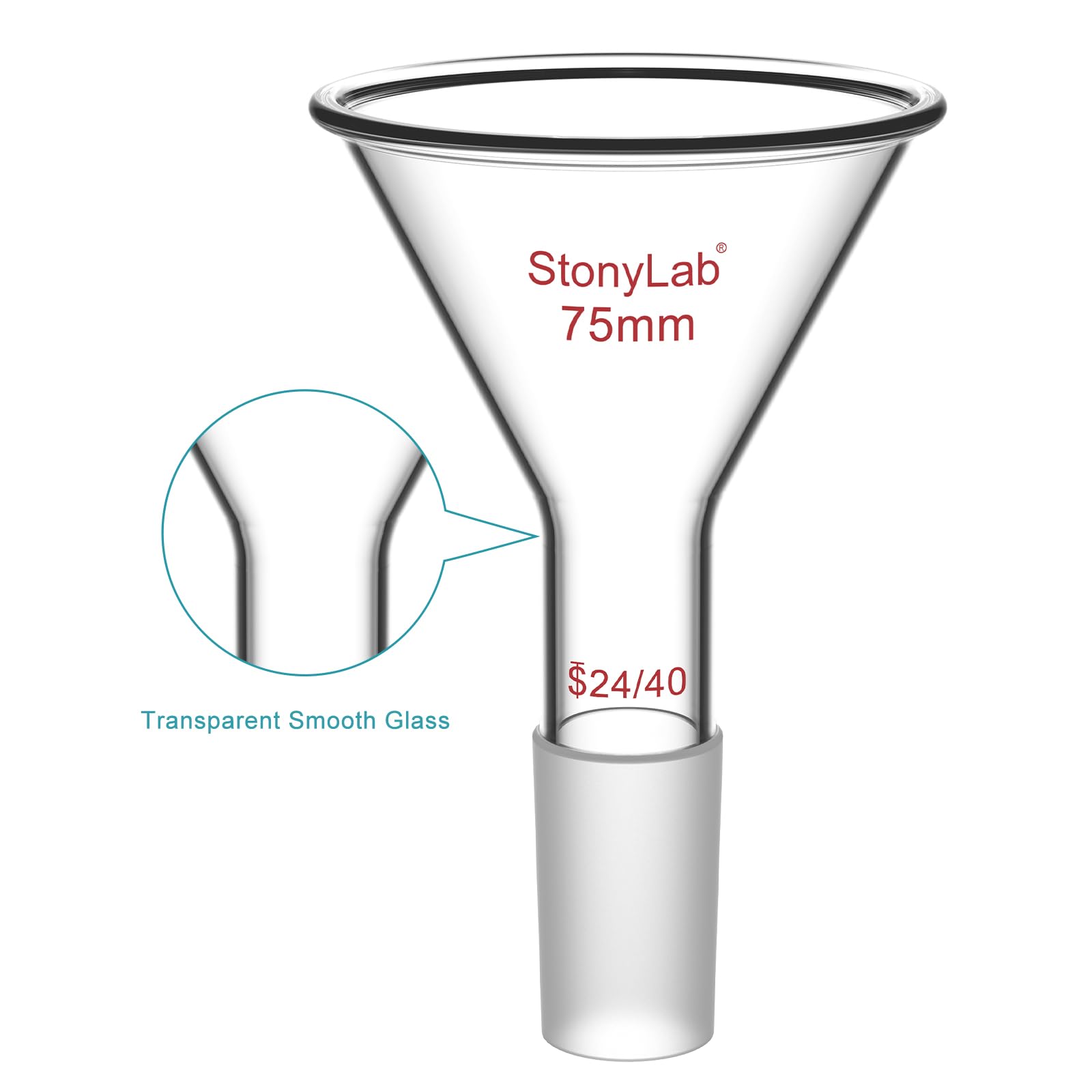 stonylab Entonnoir à Poudre en Verre à Tige Courte avec Diamètre Extérieur Supérieur de 75 mm et Joint Intérieur 24/40, pour Usage en Laboratoire Chimique Uniquement