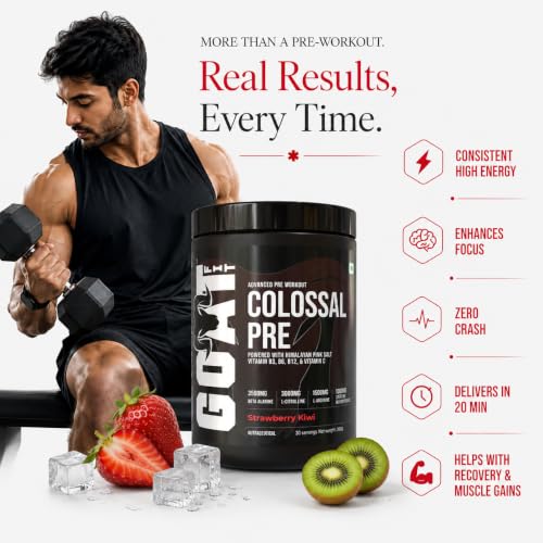 Image of Colossal Pre | PreWorkout Powder (Strawberry Kiwi 180gm 15 Servings) 200mg Caffeine 3.5g Beta-Alanine 3g Citrulline 1.5g Arginine 1g Creatine with Himalayan Pink Salt