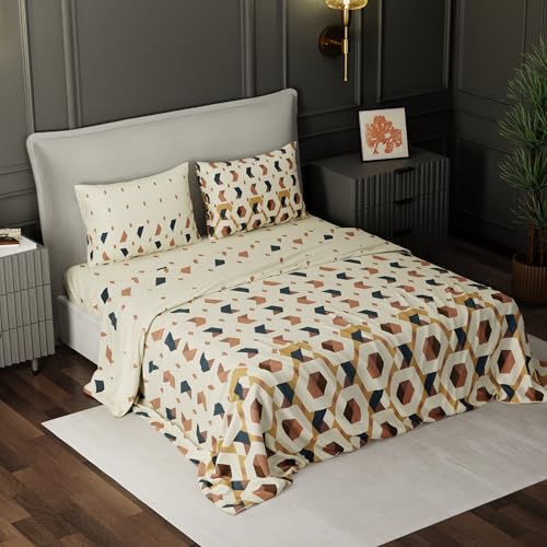 Image of BLISSHOME SoftTouch 150TC Cotton King Size Printed Bedsheet with 2 Pillow Covers for Double Bed, Silky Smooth Bedding Set, Breathable, Easy Maintain, Geometric Pattern - Beige (228cm X 274cm)
