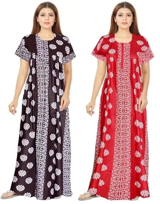 Image of Nighty for Women Cotton Printed Maxi Gown Ankle Length Nighty Night Dress Gown for Women Maxi - (Pack of 2)