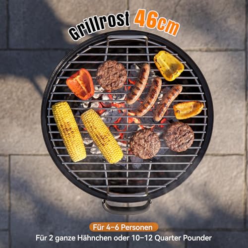 Foto von Aoxun Holzkohlegrill, 47 cm Kugelgrill mit Thermometer und regulierbarer Luftzufuhr, kratzfeste, emaillierte Grillschale, Ascheauffangbehälter, Rollen und Ablage, für Garten, und Outdoor, schwarz
