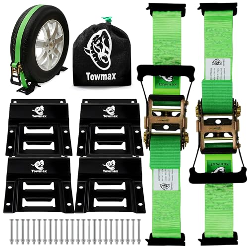 UTV Wheel Chock Tie-Down Kit - 4,500lb Break Strength Heavy Duty Trailer Tire Straps System - 2Pack 2' x 8' E Track Ratchet Straps for SXS, UTV, ATV, Lawn Mower (Bright Green)