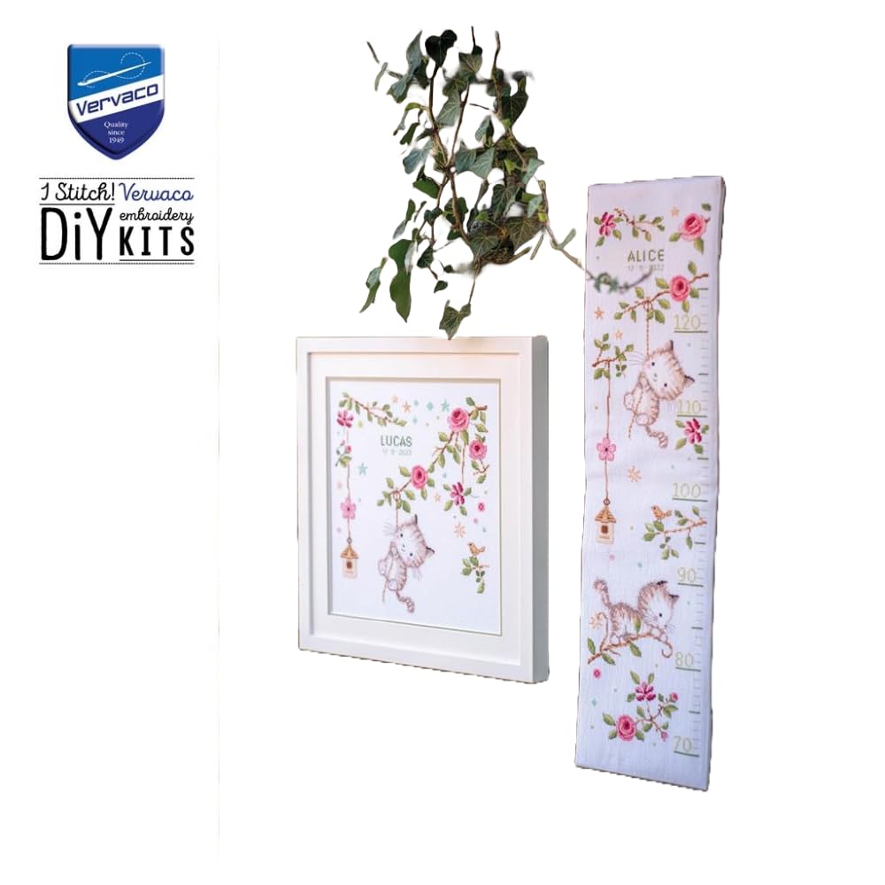 VERVACO Haft Krzyżykowy Liczony Zestaw Miarka Wzrostu dla Dzieci ZUCHWAŁE KOTKI Zrób to Sam Zestaw Kreatywny dla Dorosłych 18 x 70 cm Dekoracja Ścienna DIY Cross Stitch Kit