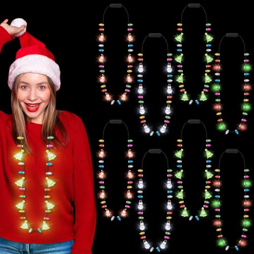 Christmas Party Favors, 8PCS Christmas Light Necklace, Christmas Accessories Colorful Bulbs, 3 Modes Light Up Christmas Necklace Santa Claus Christmas Trees Snowmen Christmas Necklaces Kids Adults