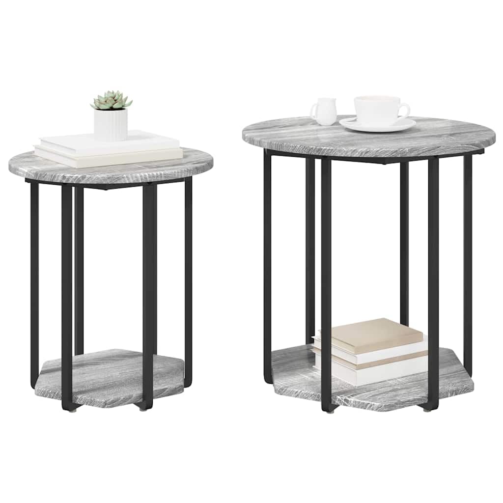 Juego de 2 mesas auxiliares con estante, color gris, diseño industrial, mesa de centro de madera y metal, mesa cuadrada para salón y dormitorio