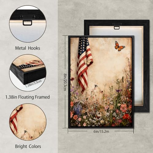 Image of American Flag Framed Canvas Wall Art, 4th of July Canvas Prints, Wildflower Field with Butterfly Patriotic Decorations, Rustic Farmhouse Independence Day Wall Decor for Bedroom Living Room 6x8