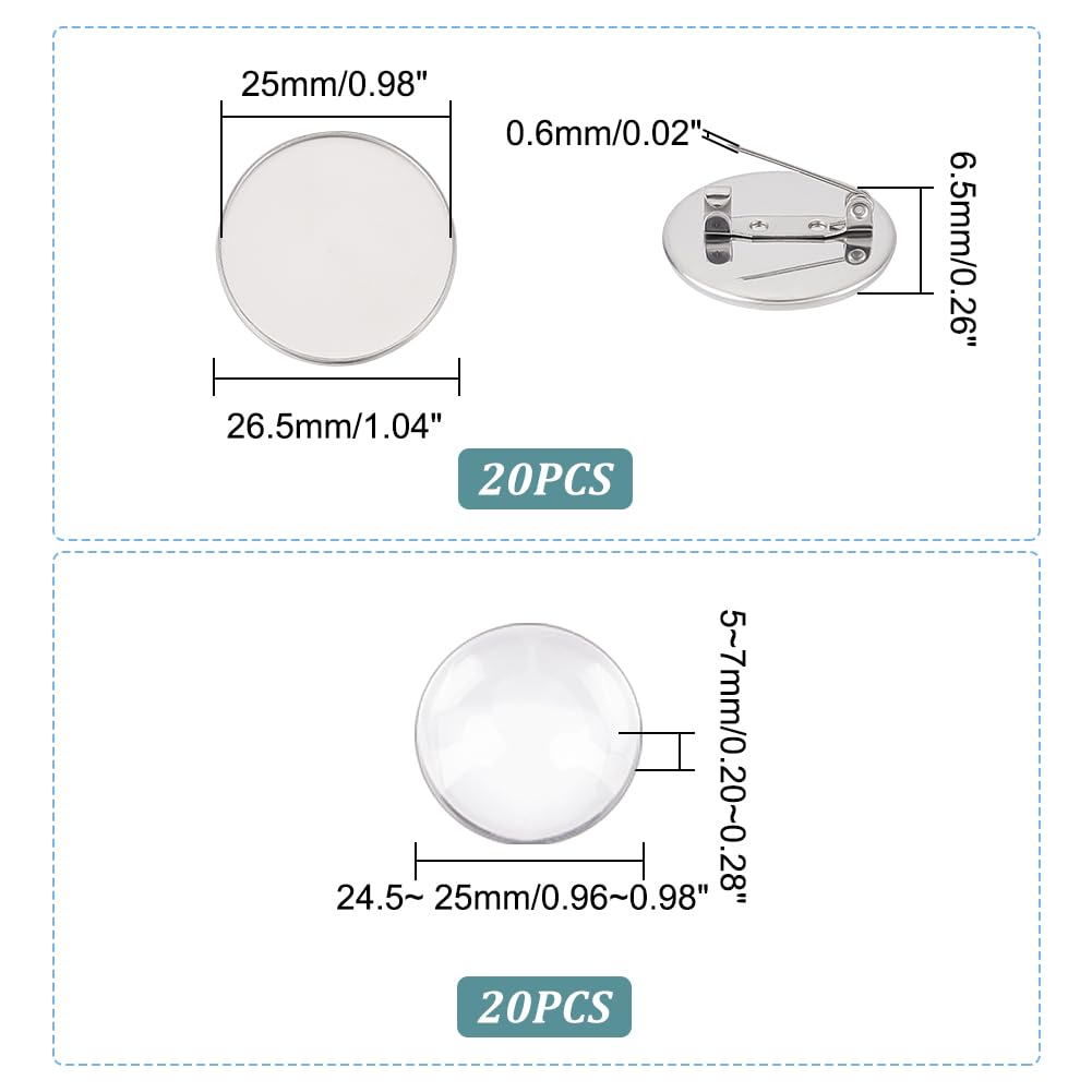 UNICRAFTALE 20Pcs Flat Round Brooch Pin with 20Pcs Glass Cabochons 304 Stainless Steel Brooch Bezel Trays DIY Blank Dome Brooch Making Kit for DIY Brooch Making, 25mm Tray