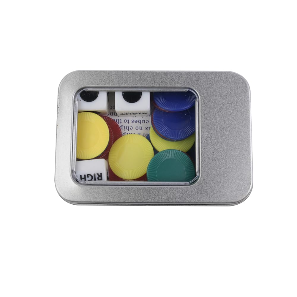 Sarini Gioco di dadi sinistra centro destra con 4 gettoni colorati, dadi a 3 stelle e istruzioni - Scatola di latta da 65 g, perfetta per feste, riunioni di famiglia e riunioni con gli amici