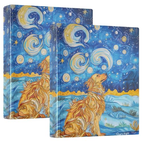 Image of Golden Retriever Starry Night 3 Ring Binder with 2 Interior Pockets 1.5 inch Binders 3 Ring Heavy Duty Fit 8.5 inch x 11 inch Letter Size for Office School, 2 Pack