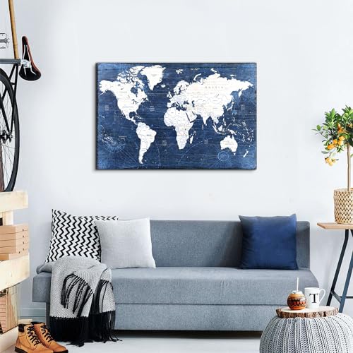 Image of Large World Map Wall Art Office Wall Decor Retro Blue World Maps for Living Room Decorations, Vintage Modern Map of World Poster Canvas Prints Painting Men Bedroom Artwork Framed Home Decor 24x36 inch