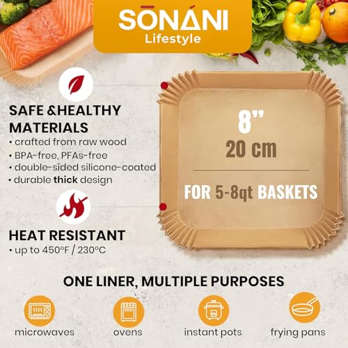 Image of Air Fryer Liners Pack of 2 - 8 Inch Silicone Air Fryer Liner, Reusable Baking Tray, Food Grade BPA Free, Heat Resistant 240C (8 inch Square - 100PCS Paper)