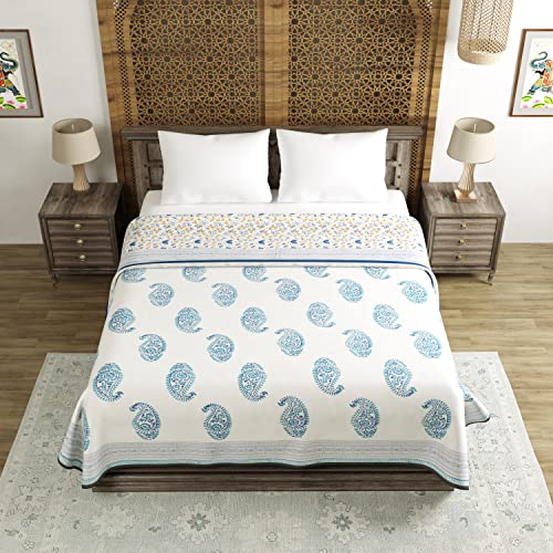 Image of BLOCKS OF INDIA 100% Cotton Dohar King Size Reversible Hand Block Printed Malmal Summer Dohar /Blanket (Blue Jaal)