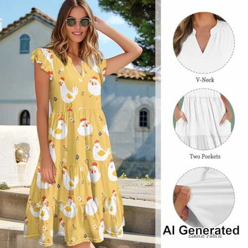 Image of Women's Casual Ruffle Sleeve Dress V Neck Pullover Dress Flowy A-Line Pleated Lightweight Dress with Pockets