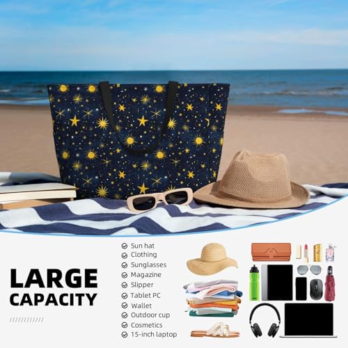 Large Beach Bags for Women Sandproof - Yellow Star Sun Print Summer Work Travel Tote Bags with Zipper4