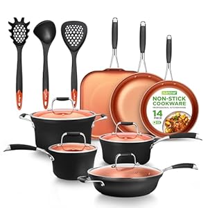 NutriChef 14-Piece Copper Non-Stick Cookware Set – Stackable Pots and Pans with Lids, 3-Layer Coating, All Cooktop Compatible, Healthy Food-Grade Copper