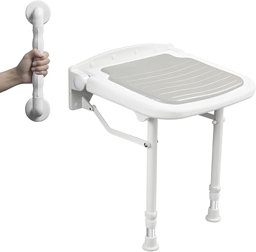 Wall Mounted Folding Shower Seat with Bathroom Grab Bar,Support 550lbs,Adjustable Height Fold Down Shower Seat Wall Mounted,Folding Shower Bench for Elderly, Adults, Pregnants, Seniors,Disabled