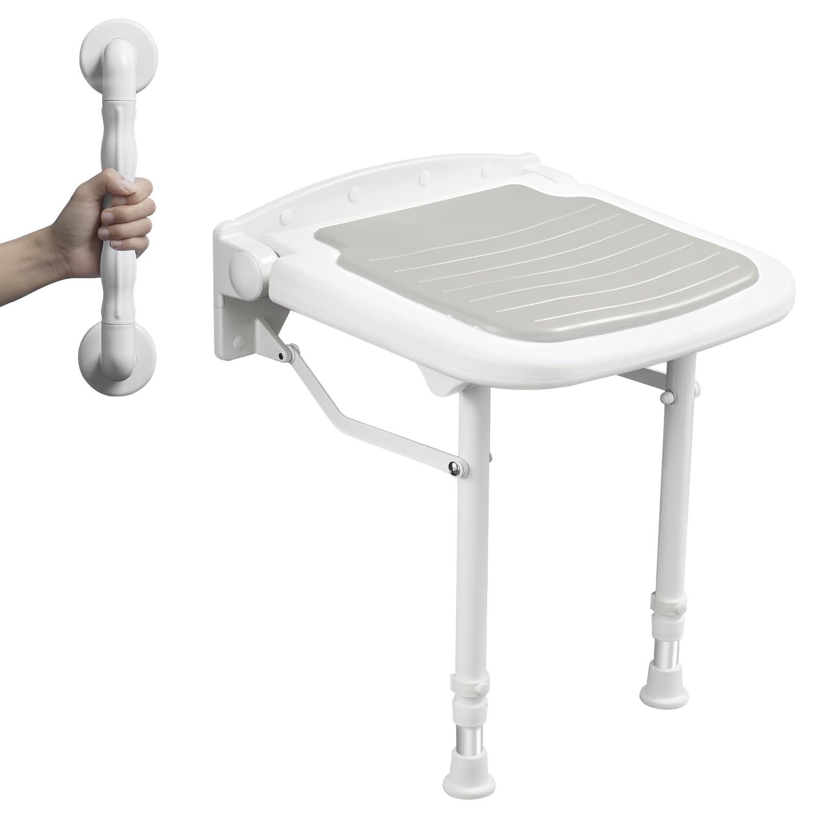 Incomplete Wall Mounted Shower Seats with Bathroom Grab Bar, Support 550lbs, Adjustable Height Fold Down Shower Seat Wall Mounted, Folding Shower Bench Wall Mounted for Elderly-Adults-Pregnants-Seniors-Disabled