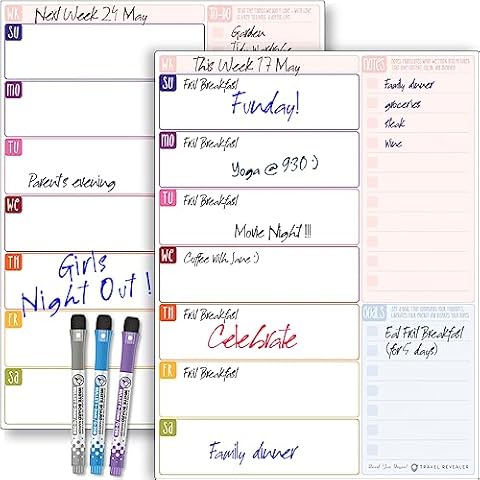 Dry Erase Calendar Weekly Planner Set 2Pk Multi-Function Menu 12x9 to-Do List, Notes, Goals, Calendar, Planner. Clings to Any Surface. Daily Weekly Planner for Fridge White Board Calendar + Markers Cover
