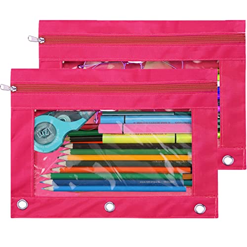 Image of Pencil Pouch 3 Ring, Zipper Pencil Pouches Case Binder Cosmetic Bag Hot Pink 2 Pack