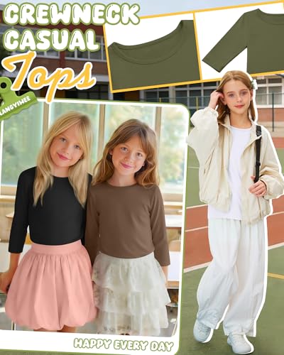 Image of 4 Pack Girls 3 /4 Sleeve T Shirts Kids Crewneck Elbow Sleeve Casual Tops Solid Basic Cute Teen Tees 5-14Y