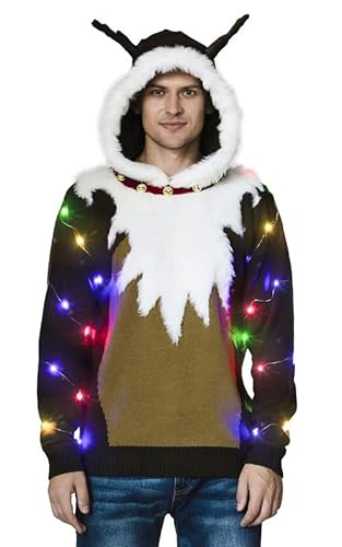 OFF THE RACK Pull de Noël Laid, LED Sweat à Tricoté Drôle de Noël pour Hommes avec Un Renne Elfe Lama et Un Arbre de Noël, Sweat-Shirt Festif Unisexe pour Noël Rockin' A Rudolph OriginalM Cover