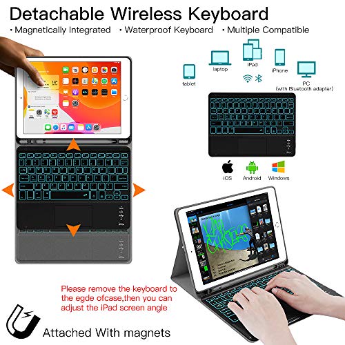 iPad 10.2 7th Generation Backlit-Keyboard Case 2019 - JUQITECH Smart Case with Touchpad Wireless Keyboard for iPad 7th Gen Magnetic Detachable Rechargeable Keyboard Cover with Pencil Holder, Rose Gold