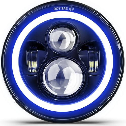 MGLLIGHT DOT 7 Inch LED Headlight Motorcycle Blue Halo High/Low Beam, Motorcycle LED Headlight Projector Angel Eyes Light JK LJ CJ Headlamp Replacement, 1PC