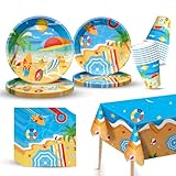 Beach Party Decorations Set Includes Dinner Plates, Napkins, Cups and Tablecloth for Summer Hawaiian Beach Birthday Party Decorations, Serve 24