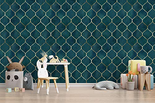 Image of DWELLSINDIA Dark Aqua Moroccan Geometric Wallpaper for Interior Decor | Self Adhesive Peel & Stick, Thick Textured Premium Paper | Waterproof, Scratch Resistant | Living Room & Bedroom | 41 x 244 cm