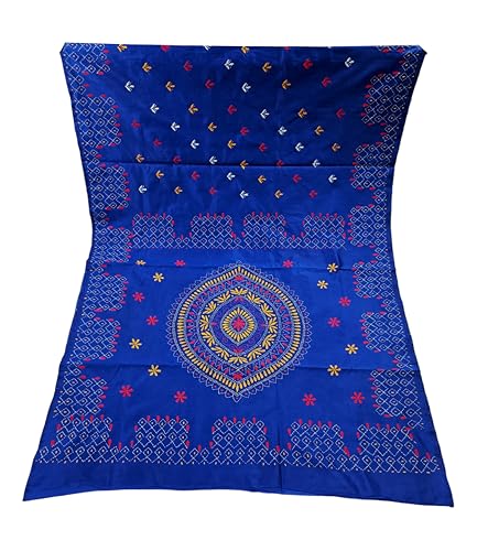 Image of SHRISTI CLOTHINGS Women's Hand Embroidered Cotton Silk Kantha Stitch Saree with Blouse Piece (J420824 BLUED74)