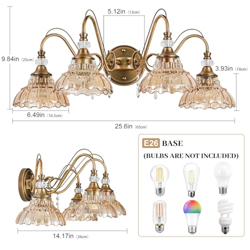 Image of Vintage Bathroom Vanity Light, 4-Light Matte Antique Brass Finish Wall Sconce with Hanging Crystal Accents and Flower-Shaped Amber Glass Shades, Retro Wall Mount Vanity Light Over Mirror for Bathroom