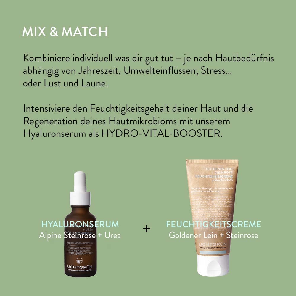 Set Hydro-Vital-Boost, Hyaluronserum 30 ml und Feuchtigkeitscreme 50 ml, Gesichtspflege mit Hyaluron, Bio-Steinrose und Bio-Leinöl, für feuchtigkeitsarme Haut, vegan, Made in Germany