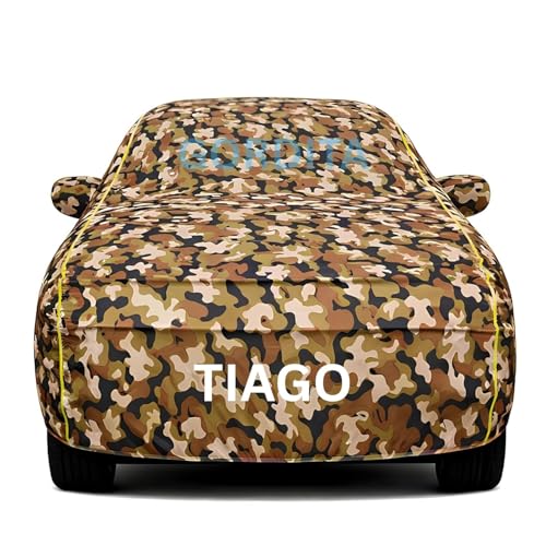 Image of Waterproof Car Body Cover for Tiago All Weather Protection Comes with Inner Cotton Lining & Triple Stitched with Mirror & Antenna Pocket Belt & Elastic Fit Army with Yellow Piping2