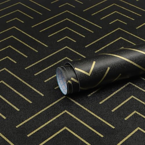 Image of TEKCOOL Self Adhesive Wallpaper Black and Gold Pattern Peel and Stick Wallpaper Gold Lines Geometric Sticky Back Vinyl Removable Contact Paper Wall Covering Decorative Film DIY 45x300cm (Black-4pc);